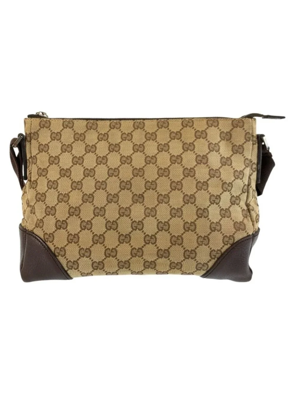 Gucci Beige Brown Silver GG Canvas Leather Shoulder Bag